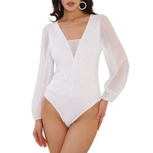 Lace V Neck Chiffon Puff Sleeve Formal Leotard Bodysuit Tops White